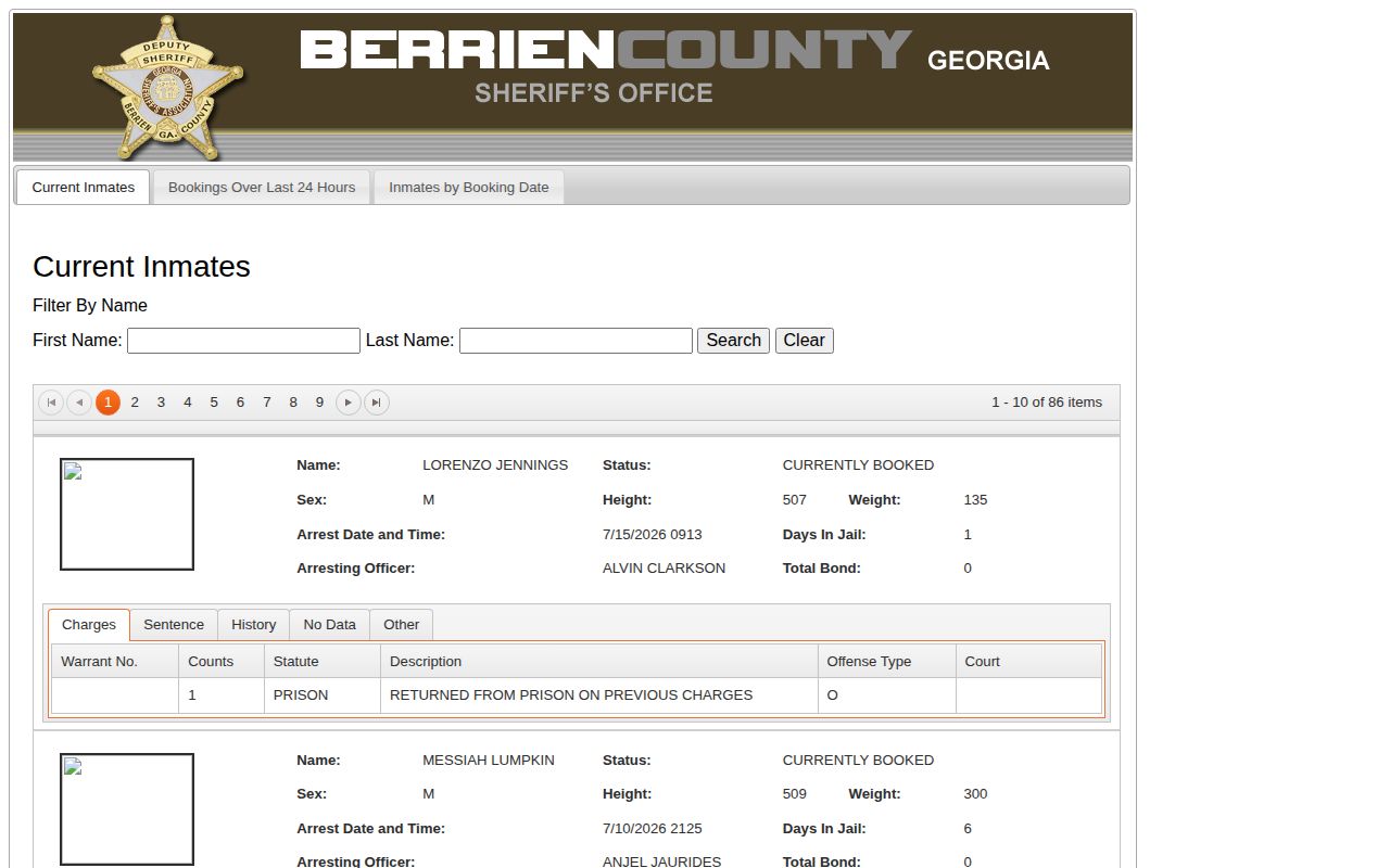 Berrien County released inmate booking history search