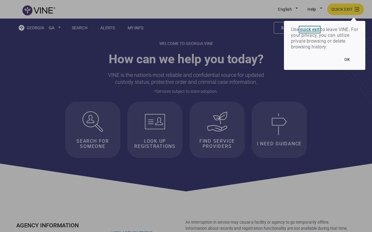 Berrien County VINELink inmate search and release notification screen